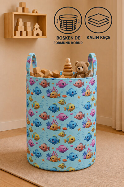 Paris Home Fish Patterned Thick Felt Toy and Laundry Basket 34X50 cm Multi-Pu...