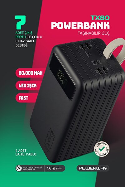 POWERWAY 80.000 Mah Kablolu Dijital Göstergeli Gerçek 80.000 Mah Garantili Iş...