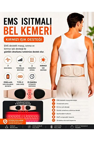 Eldi Medikal EMS Isıtmalı Bel Masaj Kemeri 7 Mod 15 Kademe Kırmızı Işık Destekli Type-C Şarjlı