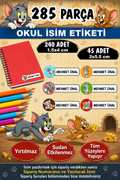 Kt Grup Okul Etiketi Kalem Defter Etiketi Özel Isimli Etiket Kedi ve Fare 6 F...