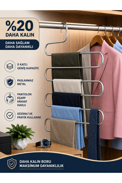 HSY STORE 5 Katlı Paslanmaz Metal Pantolon Kravat Eşarp Havlu Askısı Dolap İç...