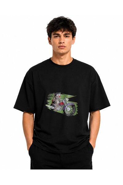 Inscriptie Unisex Premium Cotton Casual T-Shirt "Cat on a Motorcycle"