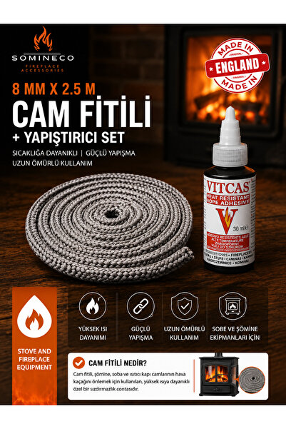 SOMINECO Fiberglass Antrasit Renk Soba Şömine Fitili 8 Mm X 2.5m Vıtcas Yapış...