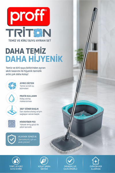 Proff Triton Temiz ve Kirli Suyu Ayıran Otomatik Temizlik Seti (Kare Moplu)