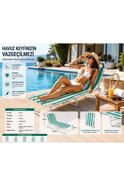 Altınkayaticaret Altınkaya Ticaret Yeşil Çizgili Şezlong Katlanır Şezlong Pla...