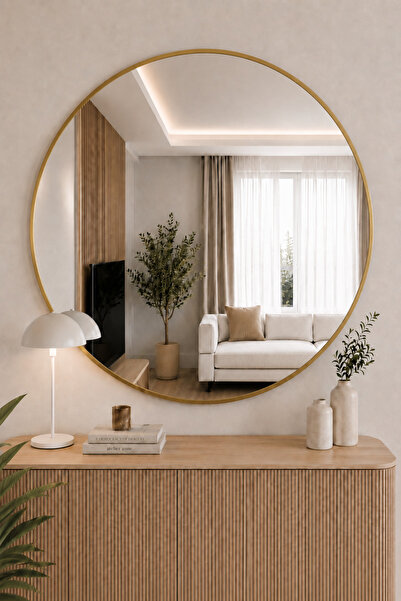 EFFE YAPI DEKOR Gold Metal Çerçeveli 100 Cm Yuvarlak Ayna