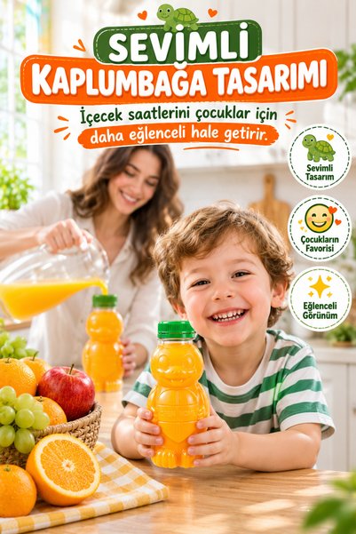 Open Home Concept 5'li Şeffaf Kaplumbağa Şişe Yeşil Kapaklı PET İçecek Şişesi Çocuk Beslenme Matarası 250 ML