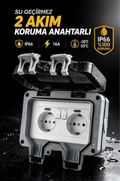 Nexo IP66 Dış Mekan 2'Li Priz, 2 Akım Koruma Su Geçirmez Priz 16A Kapaklı Ele...