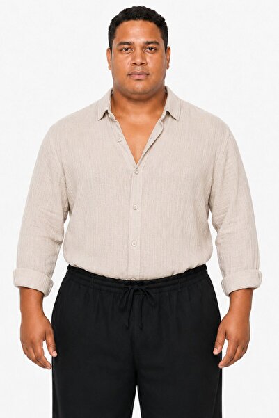 RELAXL 4 Seasons 100% Cotton Oversize Muslin Men's Beige Shirt Plus Size