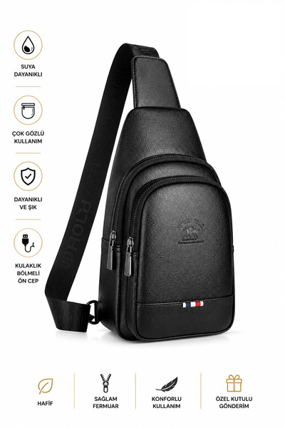 NEWISH POLO ACCESSORIES Vegan Deri Siyah Su Geçirmez Kulaklık Usb Çıkışlı Bel...