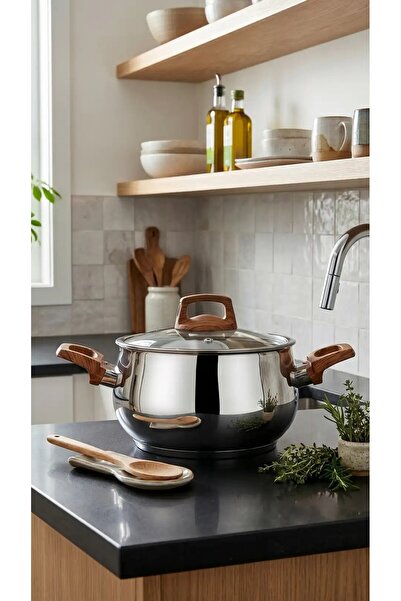 Bonera Lale 26 cm Stainless Deep Steel Pot - with Wooden Handle - 304 Quality...