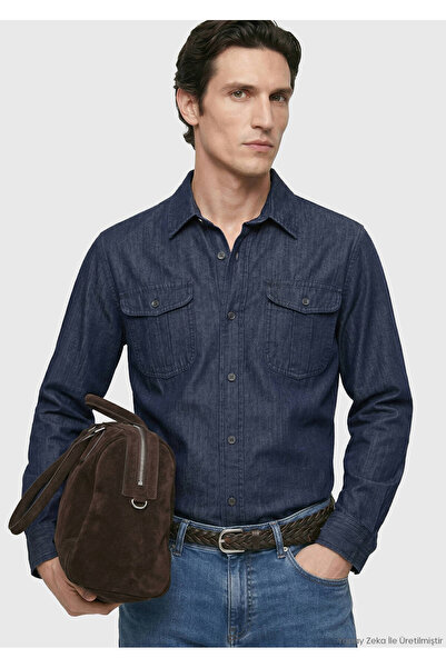 Ramsey Indigo Plain Casual Fit Long Woven Casual Cotton Blend Shirt