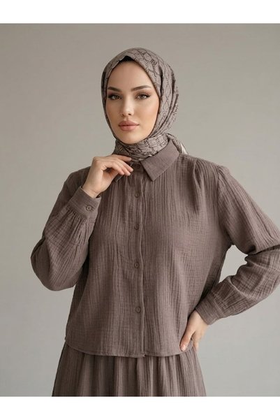 Generic Brand Lunsera Women's Muslin Fabric 2-Piece Hijab Set Shirt Skirt Comfortable Fit Buttoned-Smoke