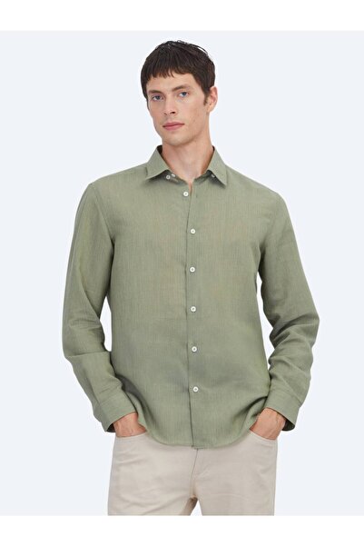 Kip Green Striped Regular Fit Long Woven Casual Shirt