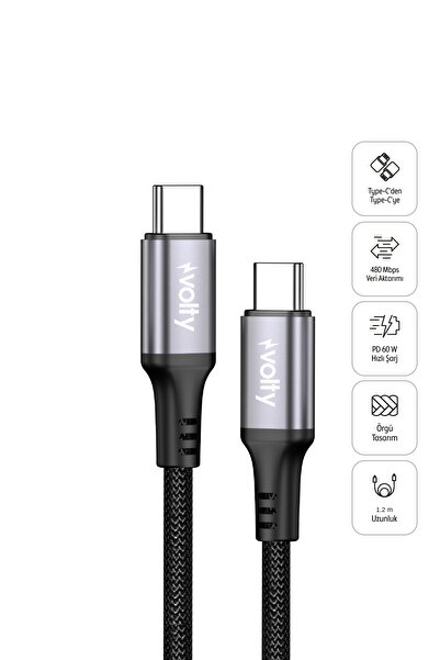 Volty Type C Hızlı Şarj Kablosu | Type-C to Type-C, 60W, 480Mbps, 1.2m, PD, D...