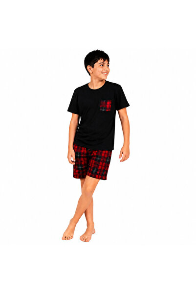 Nappyboo Erkek Çocuk Şortlu Pijama Takımı Ekose Cep Detaylı