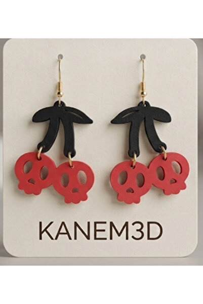 Kanem3D أقراط على شكل جمجمة الكرز - تصميم خاص باللونين الأحمر والأسود على الط...