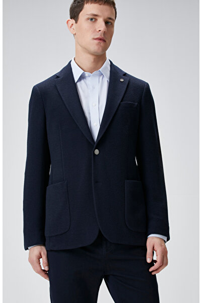 Network Lacivert Slim Fit Gofre Desen Örme Ceket