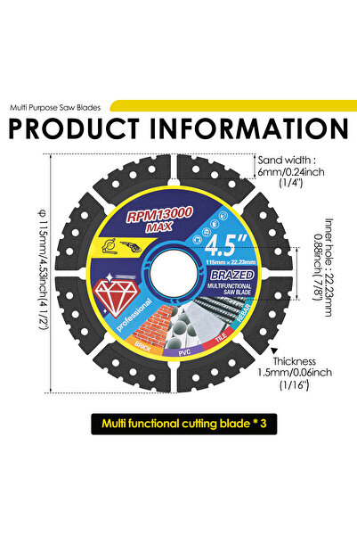 Choice1 3Pcs 3/15 Piece Diamond Multi Purpose Saw Blade 4.5" Diamond Saw Blad...