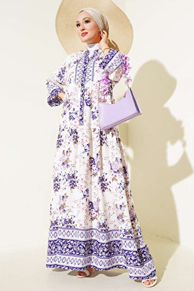 Merterium Women's Patterned Hijab Dress Purple 1010