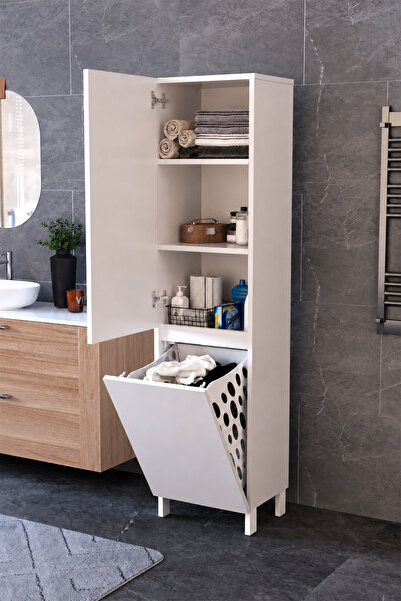 DEKORFİM DF03110 Çamaşır Sepetli Çok Amaçlı Banyo Dolabı Kapaklı Raflı Kirli ...