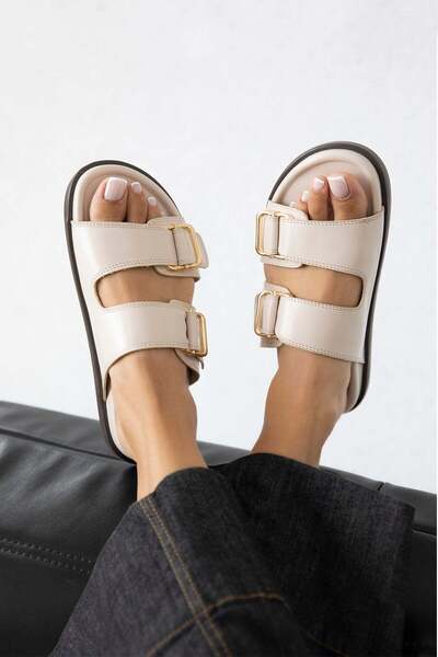 STRASWANS Axel Women's Buckle Detail Daily Comfort Leather Slippers Beige