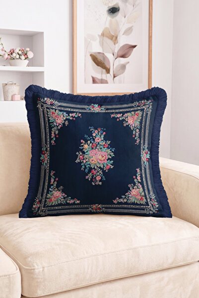 Realhomes Navy Blue Floor Vintage Rose Bouquet and Frame Pattern Fringed Thro...