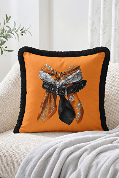 Realhomes Fringed Throw Pillow Cover with Belt and Scarf Tie Illustration Dec...