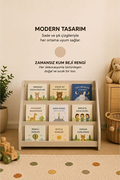 Babylike Vidasız Montessori Çocuk Kitaplığı – Kum Beji 3 Raflı Kolay Kurulumlu Kitap Düzenleyici