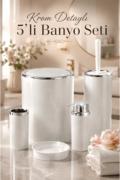 Store Hgy Home Chrome Detailed Off-White Round 5-Piece Bathroom Set