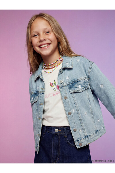 LC Waikiki Nevavm Flower Embroidered Girls' Jean Jacket with a Difference