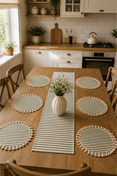 linea natura home Çizgili Yeşil Keten Bohem Vintage Runner 40x140 - 6 Adet Pü...