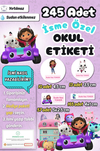 Sticker Ekspres Okul Etiketi Gabby Temalı Kalem Defter Etiketi Özel İsim Yazı...
