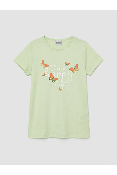 LC Waikiki Trendlucky Girls' T-Shirt with Oval Collar and Butterfly Print