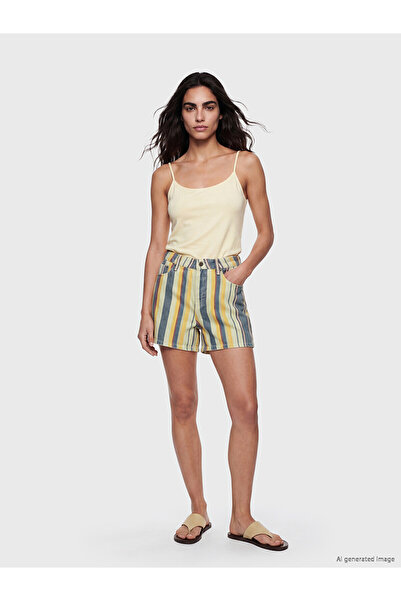 LC Waikiki Trendlucky High Waist Striped Women's Jean Shorts with Difference