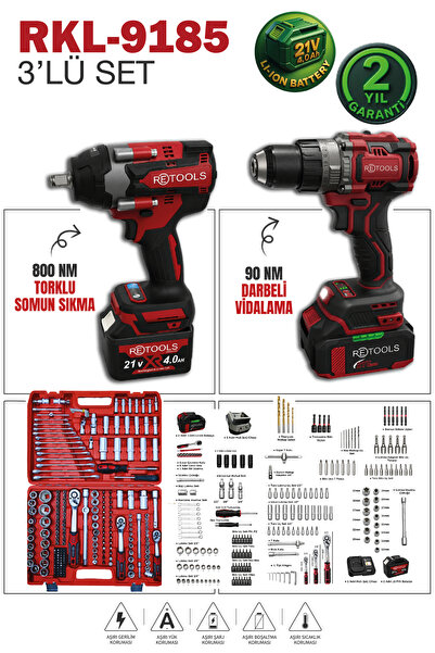 RETOOLS RKL-9185 3’lü Set 800NM Somun Sıkma - 90NM Vidalama ve Lokma Seti