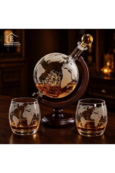 Elindor Set de decantoare Whiskey Globe cu 2 pahare gravate, suport din lemn,...