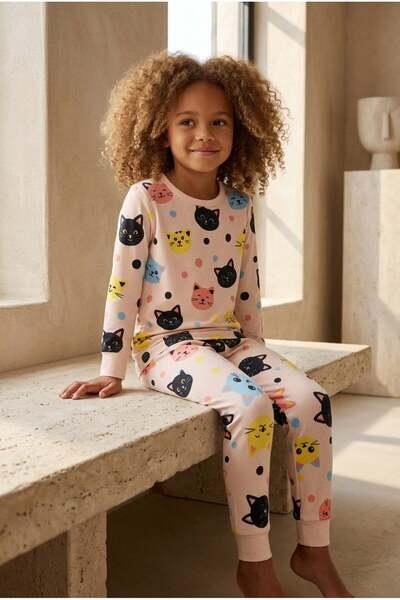 Katia&Bony Girl's Cat Patterned Pajama Set Light Pink