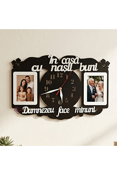 damoro Ceas de perete cu 2 spatii pentru poza,pentru nasii nunta/botez,lemn,negru/alb