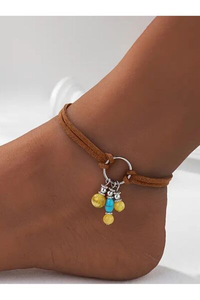 By Song Aksesuar Suede Anklet Bracelet with Blue Turquoise and Yellow Ceyt Natural Stones
