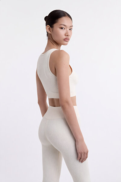 Modanty Kadın Krem Seamless Fitilli Spor Tayt Crop Takım