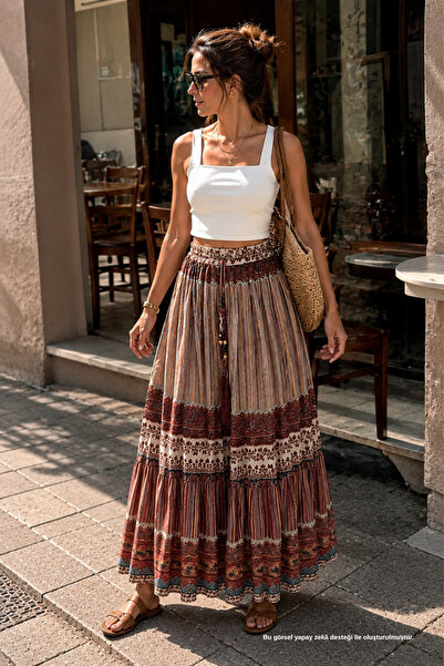 Rhen Store Bohem Desenli Maxi Etek