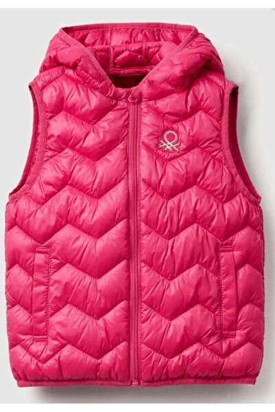 United Colors of Benetton Girl's Pink Glitter Logo Embroidered Hooded Vest