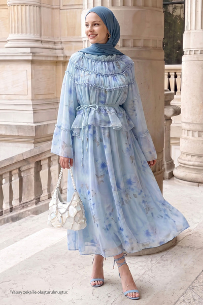 InStyle Set casual albastru bebeluș cu model și detalii cu volane