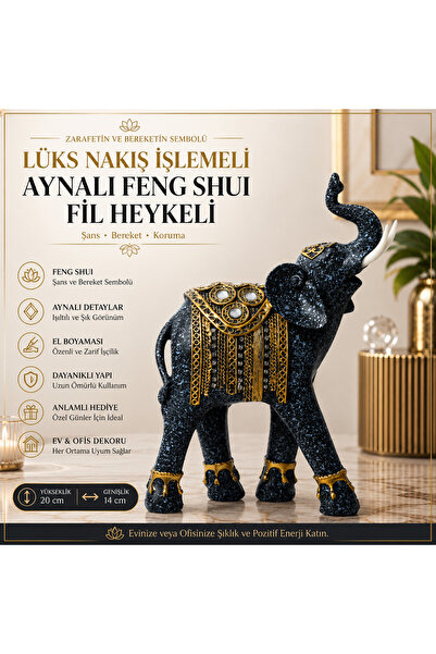 e-life shop Lüks Aynalı Nakış İşlemeli Feng Shui Fil Biblo 20 cm Şans Bereket...