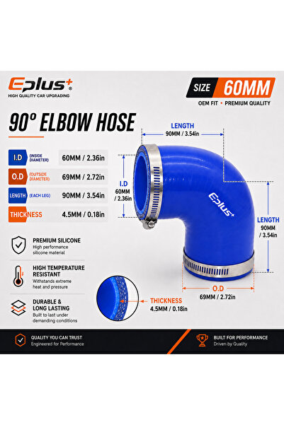 Choice9 60MM EPLUS Blue Silicone Tubing 90 Degrees Hose Coupler Universal Car...