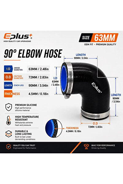 Choice14 63MM EPLUS Black Silicone Tubing 90 Degrees Hose Coupler Universal C...