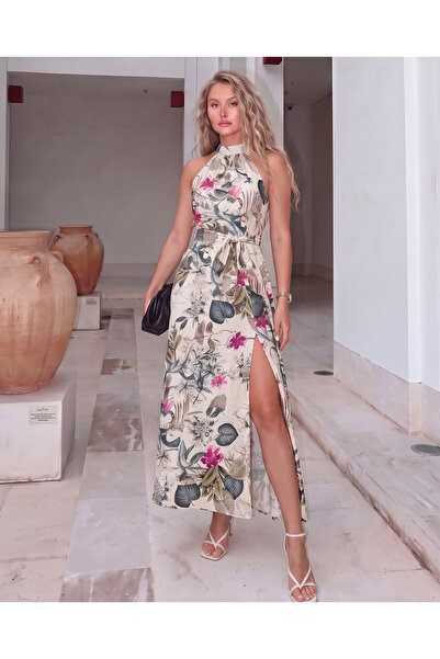 Valeria Butik Women's Floral Patterned Halter Neck Belted Slit Long Dress