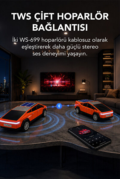 Teknoloji Gelsin WS-699 Cybertruck Model Bluetooth Hoparlör | TWS Stereo | Güneş Enerjili Şarj | USB / TF Kart / AUX / FM Radyo