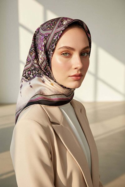 Vissona %100 Twill İpek Şal Desenli Siyah - Mürdüm Renkli 90x90 Eşarp Dikim Ş...